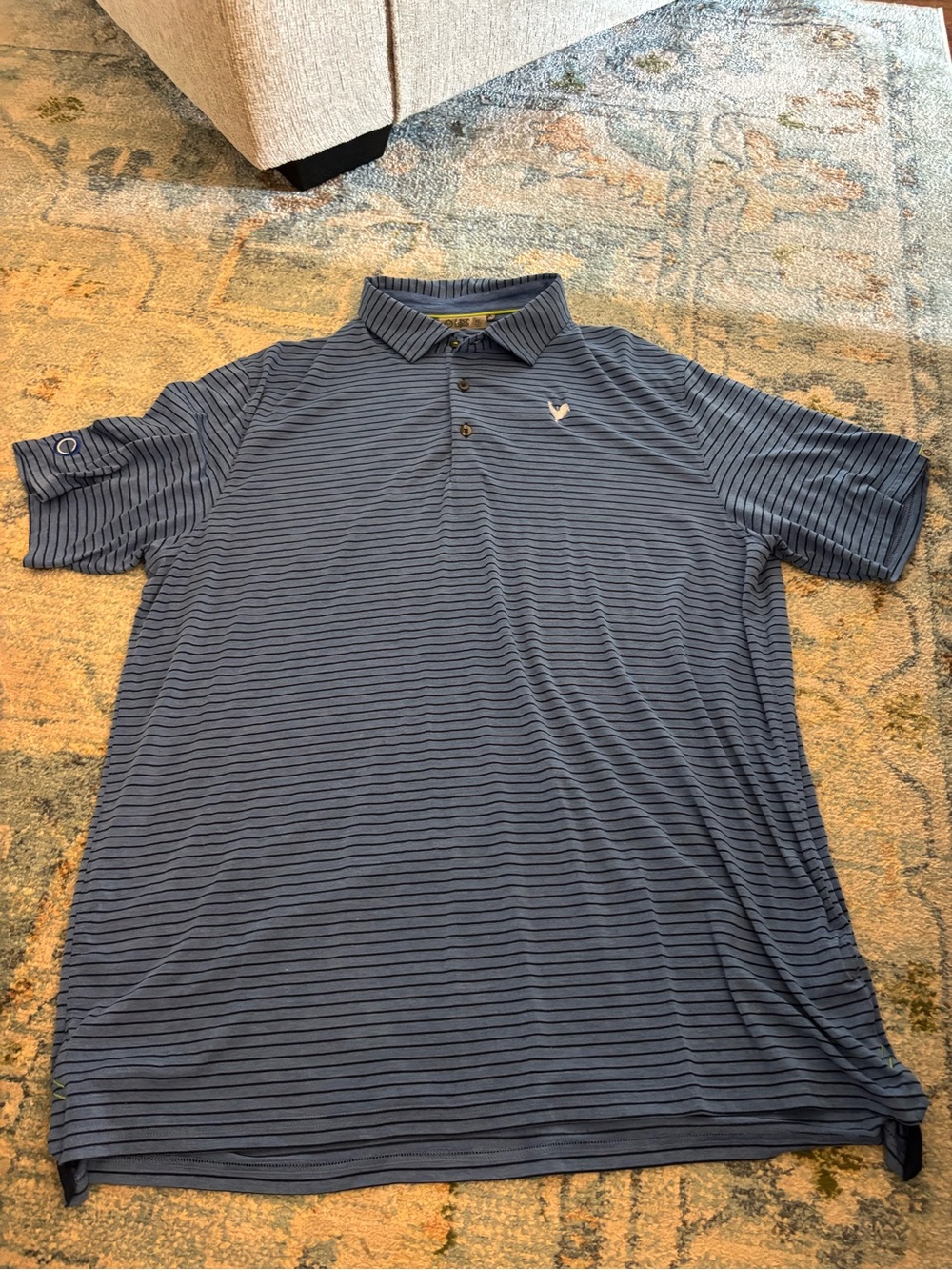 Men's Blue Striped tasc performance polo: Sanderson farms logo